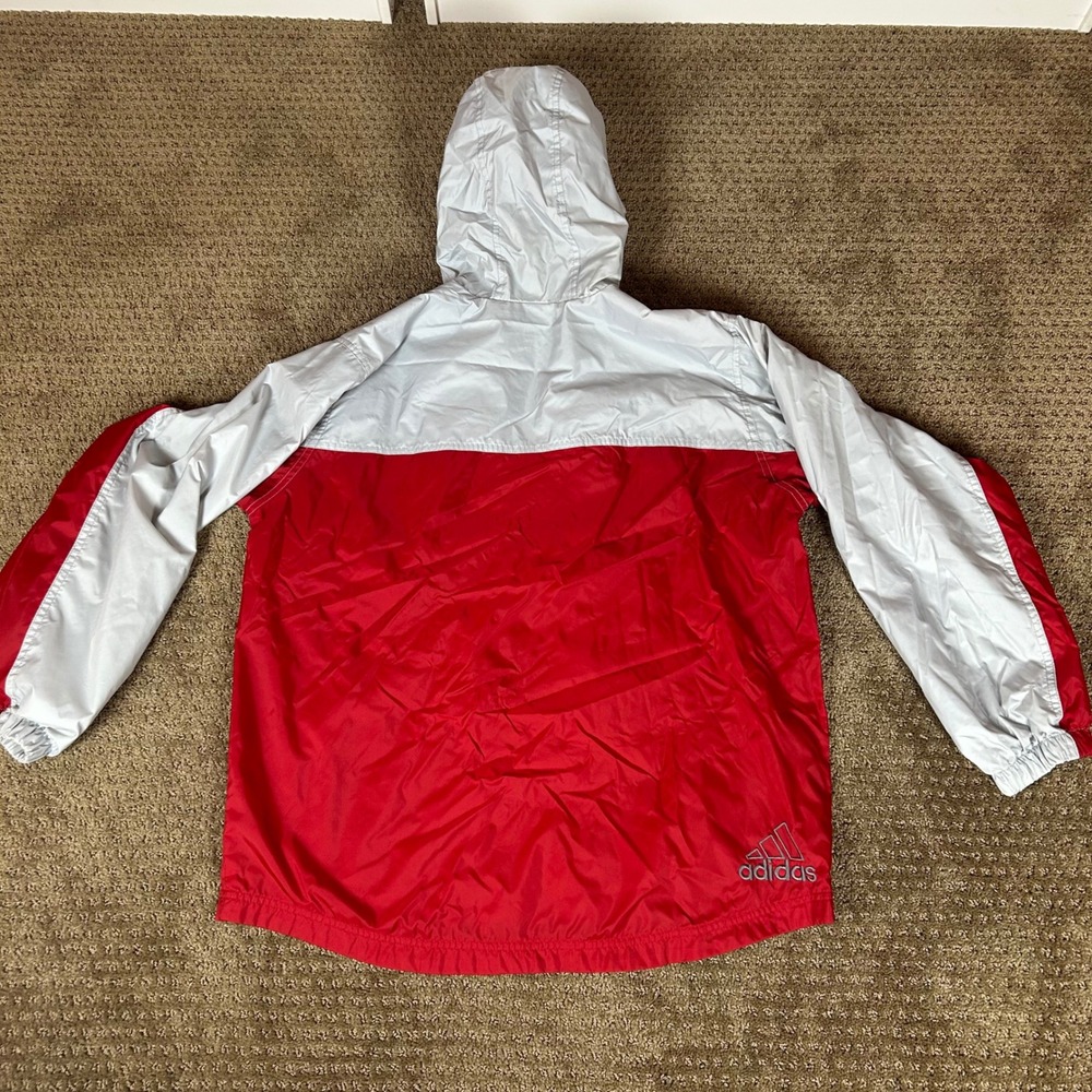Adidas Windbreaker Jacket Boys Large Red White Colorblock Hooded Mesh Lined - Picture 4 of 6